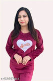 Woolen women's winter night suit (wine), long-sleeved printed pyjama for cool nights