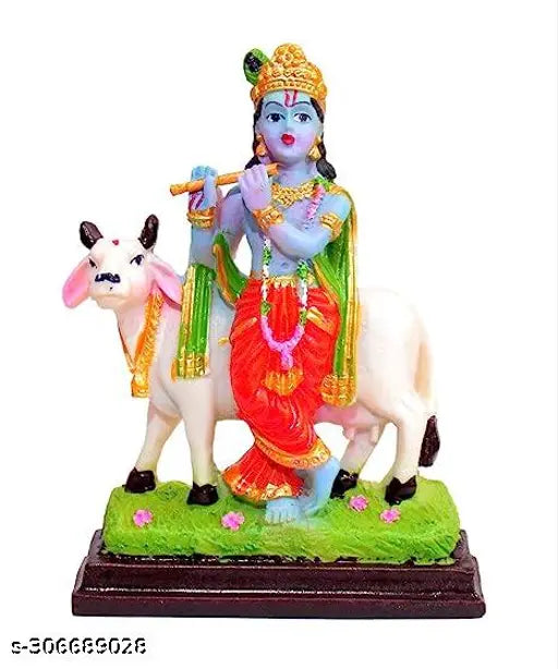 Multicolor Krishna Murti polyresin figurine playing flute with Cow Gau MATA, perfect for gifting and home decor