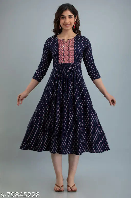 Printed rayon Anarkali Kurta, three-quarter sleeves, Indian women's fashion, size S-50