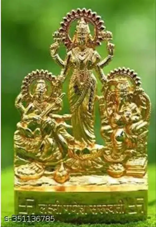 Golden metal Ganesh-Laxmi-Saraswati idol showpiece for Diwali, Indian decorative art