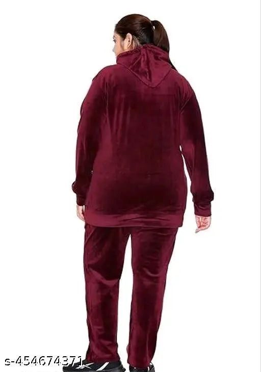 Velvet winter night suit for women - Solid color, long sleeves pyjama set with hoodie and pockets, Indian origin