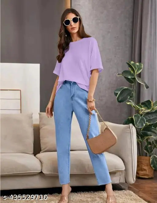 Oversized round neck printed lavender top for women