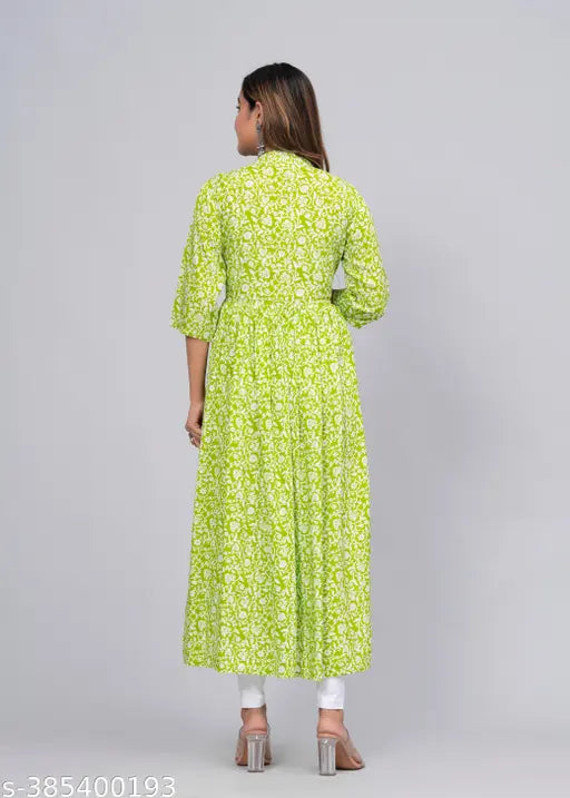 Green Rayon Printed Gaither Anarkali Kurti Pum Pom set with dupatta, three-quarter sleeves, various sizes available
