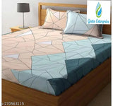 Attractive gold-fitted glace cotton bedsheet & 2 pillow covers, geometric pattern, summer-ready elastic sheets, 180 thread count, fitted queen size (78x72), suitable for 8" mattresses