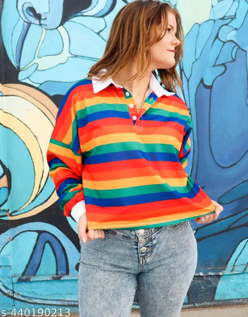 Dark rainbow print lycra Women's full sleeve T-shirt, vibrant and trendy round neck design, India origin