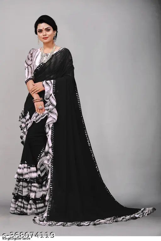 Women's Georgette print sari with blouse piece, black borders, chiffon fabric