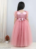 Dusty rose net party dress for kids, embellished with toy balloons, full length, short sleeves