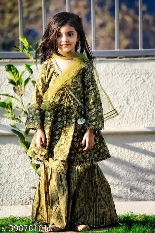 Cotton Nushrat kurti & sharara set with floral print dupatta, Gota lace detailing for kids, India origin