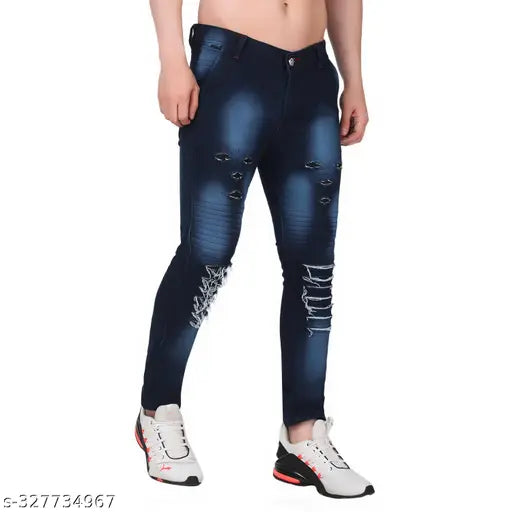 Blue denim men's slim fit heavy distressed jeans, perfect for casual and party wear