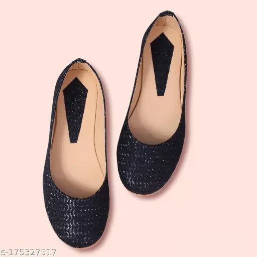 Black synthetic ballerinas with textured pattern, slip-on fastening. Comfortable and durable for everyday wear. Indic shoe sizes: 3, 4, 5, 6, 7, 8. Made in India