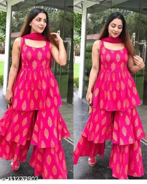 Red rayon printed crop top kameez with shararas