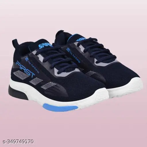 Navy and black sports shoes, black laces, white sole