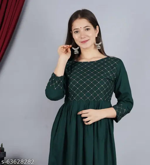 Rayon embroidered ensemble kurti in soft colors, three-quarter sleeves - M (38in bust), L (40in bust), XL (42in bust), XXL (44in bust) for women's regular wear, perfect blend of comfort and traditional style