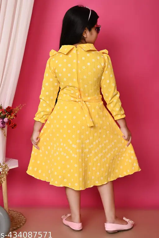 Yellow party dress with full sleeves, collared neckline and calf length