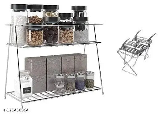 Kitchenware storage organizer rack, adjustable shelf display glass jars spices cooking ingredients, chrome finish