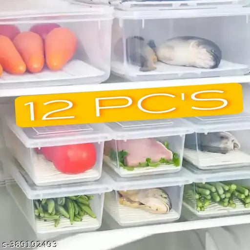 Food-grade plastic fridge storage container. Set of 12 cases with removable drain plate for storing fish, meat, vegetables. Fridge organizer. Clear lid for easy viewing