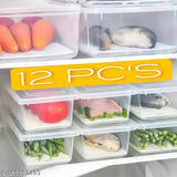 Food-grade plastic fridge storage container. Set of 12 cases with removable drain plate for storing fish, meat, vegetables. Fridge organizer. Clear lid for easy viewing