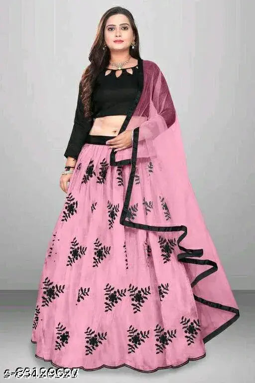 Embroidered semi-stitched pink lehenga choli (art silk top, net bottom) with lace dupatta, perfect for parties and festive wear