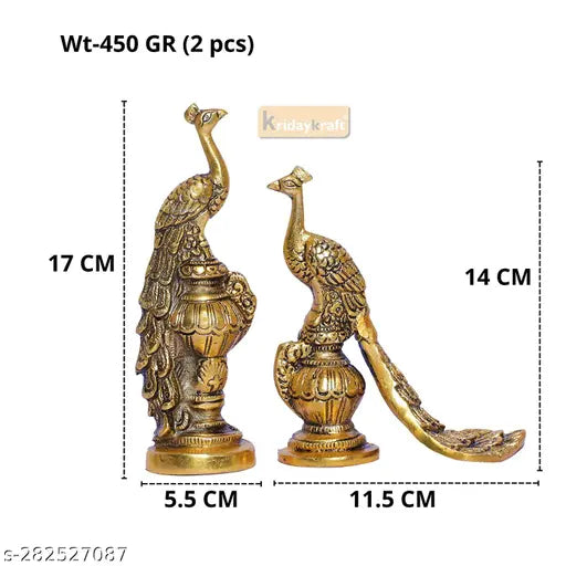 Gold medium metal peacock couple pair showpiece for home office decor, intricately designed bird & animal showpiece on display, dimensions: 5.5cm(L) x 17cm(H) x 5.5cm(W), 2 pieces