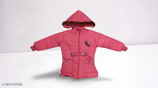 Pink padded toddler jacket with a hood, zip closure