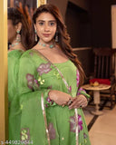 Indian Georgette floral gown with dupatta, long-sleeved, embroidered net design. Available in S, M, L, XL, XXL sizes