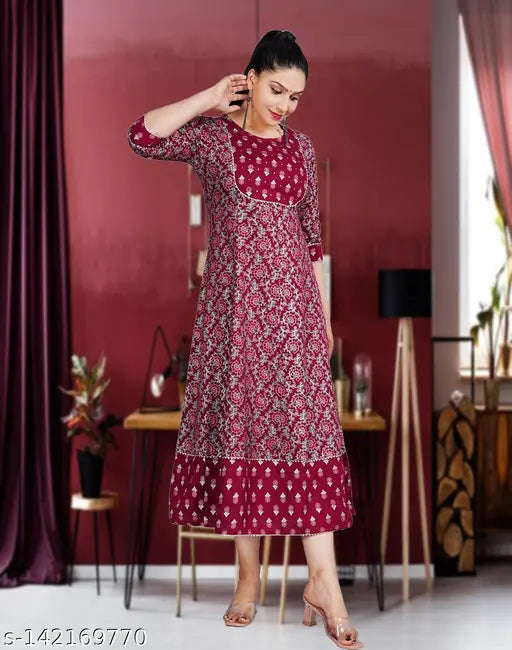 Women's printed rayon anarkali kurta, flared style, long dress, red wine color, gown design, party wear, trendy print, sequence work