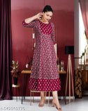 Women's printed rayon anarkali kurta, flared style, long dress, red wine color, gown design, party wear, trendy print, sequence work