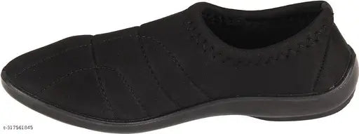 Black synthetic belly shoe for ladies, featuring ankle loop fastening and solid design by Walkaroo (India)