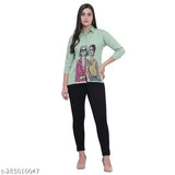 Light green poly crepe casual top with long sleeves and printed design, women's fashion garment from India