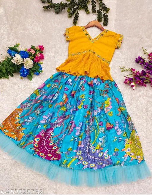 Fully stitched chiffon lehenga choli set for girls, self-designed botanical pattern, short sleeves, 3-4 years size