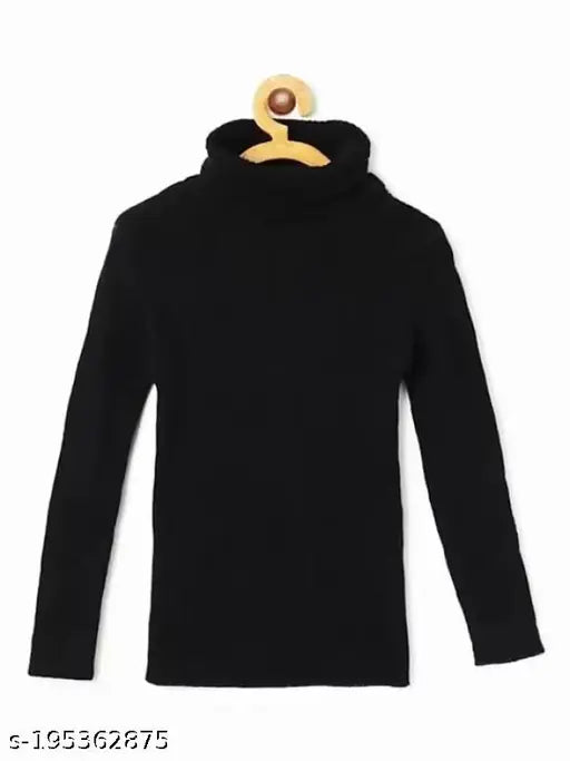 Black cotton blend high neck sweater for baby boys & girls, self-design net pattern on long sleeves