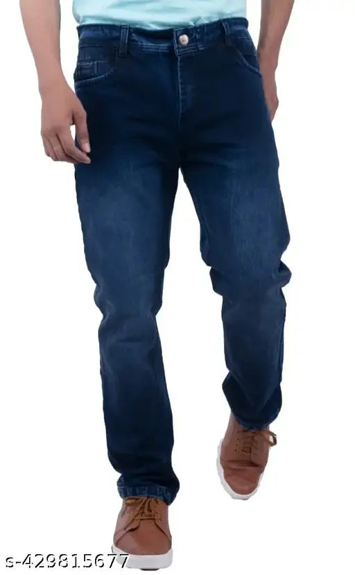 Trendy blue cotton blend slim fit full length men's denim jeans fashionable party festive wear
