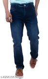 Trendy blue cotton blend slim fit full length men's denim jeans fashionable party festive wear