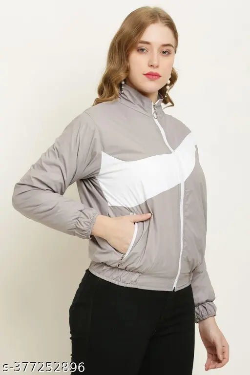 Grey polyester long sleeve jacket, trendy solid style for women's XS, S, M, L