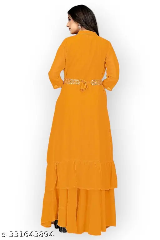 Trending women's ethnic set in Georgette fabric, featuring three-quarter sleeves Koti top and matching bottom. Embroidered with gotapatti and embroidery work. Sizes available: S-34/38/39, M-36/40/39, L-38/42/39, XL-40/44/39, XXL-44/44/39. Full stitched jacket lehenga choli from India
