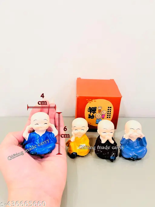 Indian Buddha Monk set of 4 decorative figurines, ideal for car dashboards and home or office décor