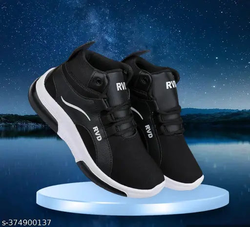 Black and white sneakers with white trim, designed for running or walking