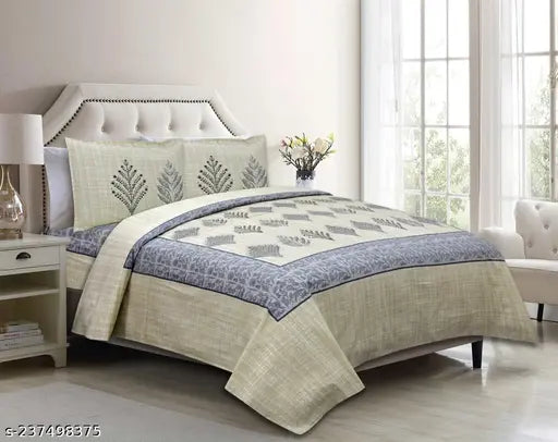 100% Cotton Jaipuri Bed Sheet - Beige Floral Print with 2 Pillow Covers, King Size