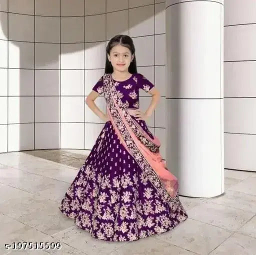 Embroidered satin lehenga & net dupatta for kids, semi-stitched with beautiful designer work. Indian children's wear collection