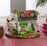 Multicolor Polyresin Kamdhenu Cow and Calf Statue, traditional home decor for spiritual ambiance
