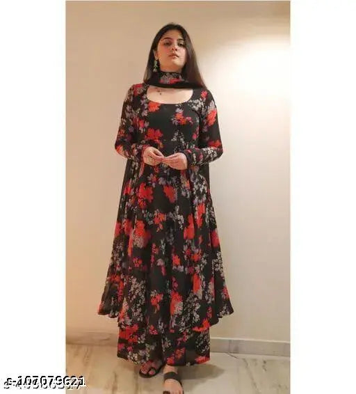 Black Georgette Kurta with Palazzos and Dupatta, printed net design, Indian ethnic wear