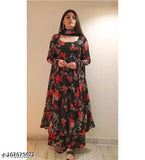 Black Georgette Kurta with Palazzos and Dupatta, printed net design, Indian ethnic wear