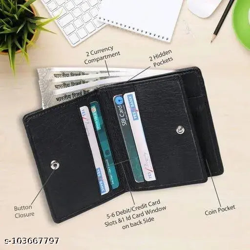 Black PU leather men's wallet, two-fold classic design, holds cards, cash, and coins. Indian-origin handy pocket wallet for daily use