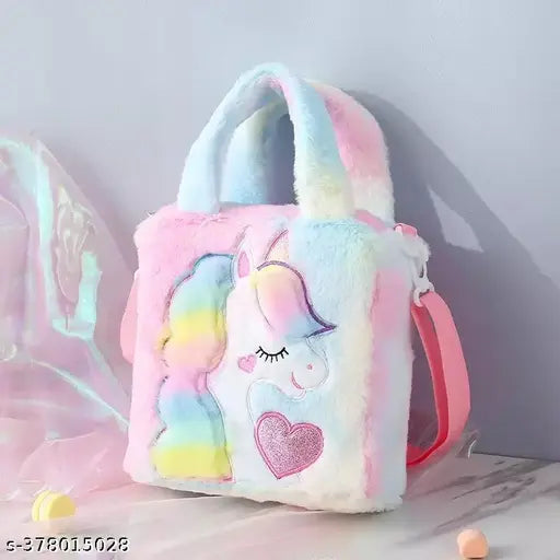 Cartoon character unicorn handbag with rainbow mane, pastel pink background, zip closure