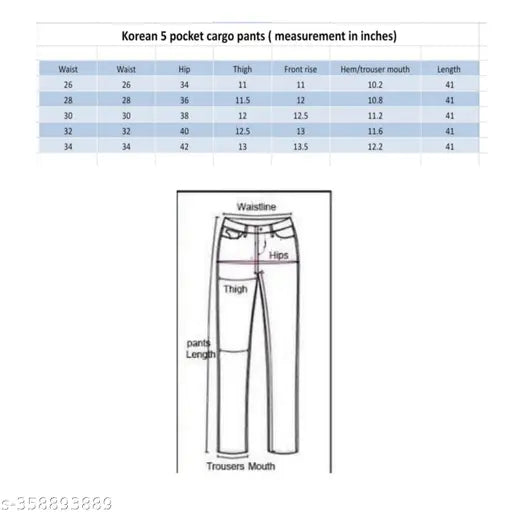 Dark blue cotton 5 pocket cargo pants, waistband elastic length 38 inches, front pockets with internal cell phone and card slots