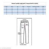 Dark blue cotton 5 pocket cargo pants, waistband elastic length 38 inches, front pockets with internal cell phone and card slots