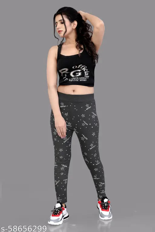 Elegant printed cotton blend jeggings for women, stretchable and versatile for everyday use. Perfect pairing with a stylish top or t-shirt, suitable for sizes 26-Free Size (L: 34in), made in India