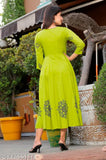 Green Rayon Hand Block Printed Long Flair Anarkali Kurti, size S-XXXL, exquisite Indian traditional fashion wear