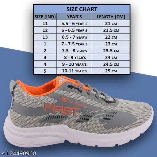 Gray and orange lace-up kids' sports running shoes, size chart