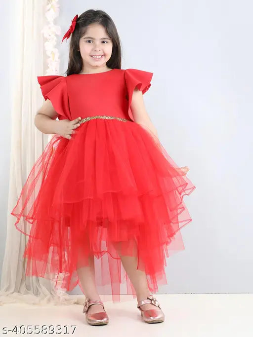 Red net high-low party dress for kids, toy balloon design, sizes 2-12 years
